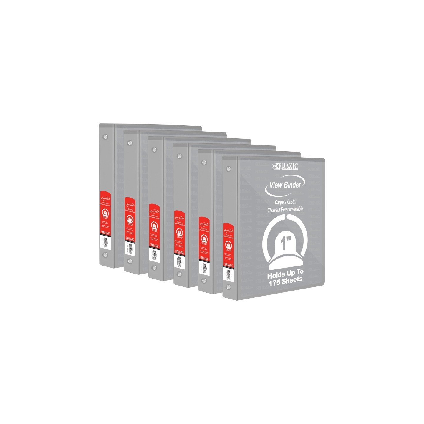 BAZIC Products® 3-Ring View Binder with 2 Pockets, 1", Gray, Pack of 6