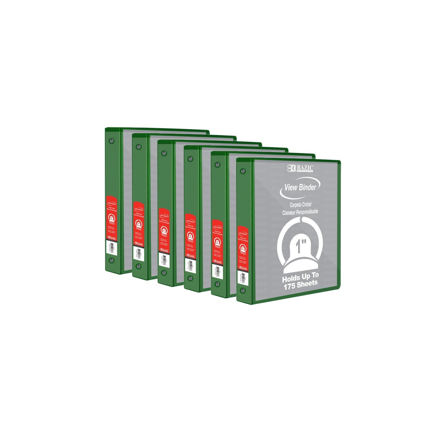 BAZIC Products® 3-Ring View Binder with 2 Pockets, 1", Green, Pack of 6