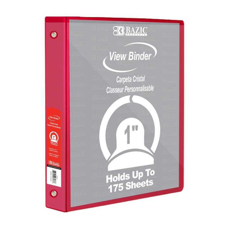 BAZIC Products® 3-Ring View Binder with 2 Pockets, 1", Red