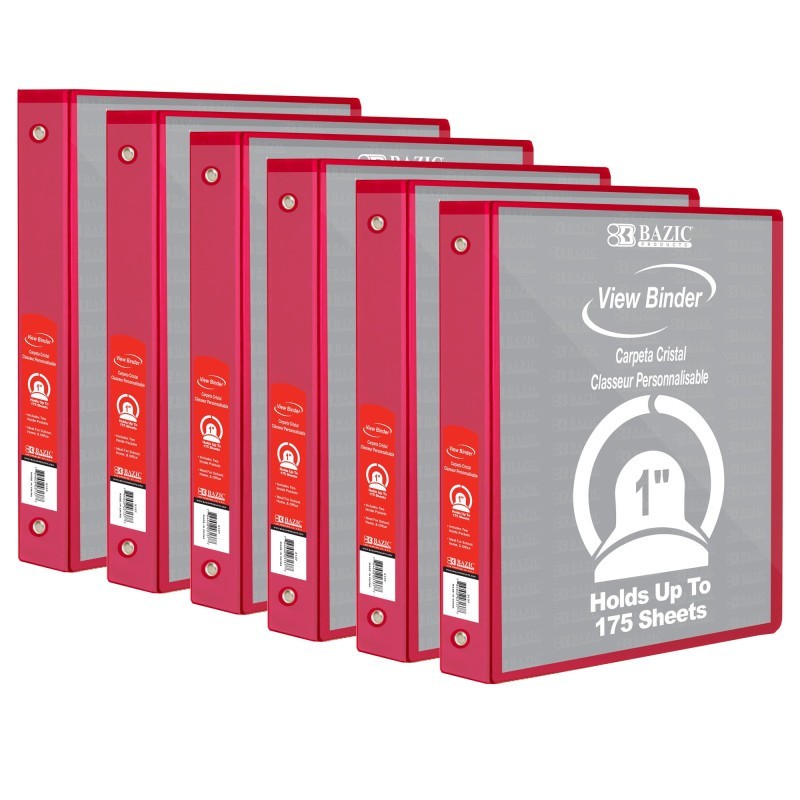BAZIC Products® 3-Ring View Binder with 2 Pockets, 1", Red, Pack of 6