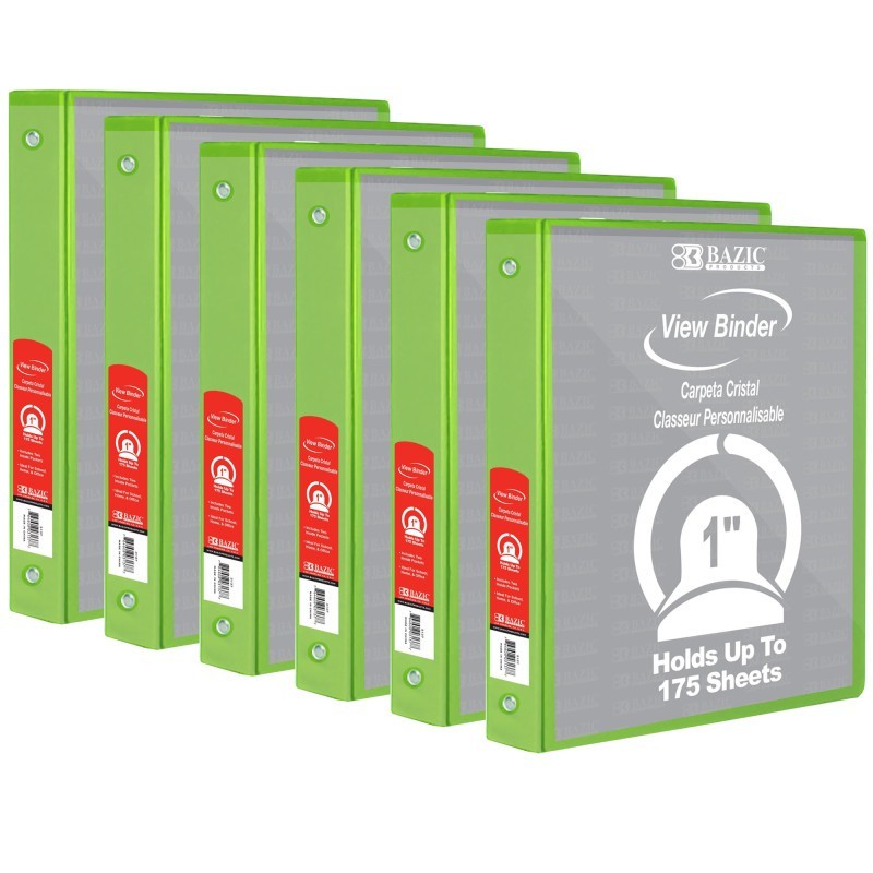 BAZIC Products® 3-Ring View Binder with 2 Pockets, 1", Lime Green, Pack of 6