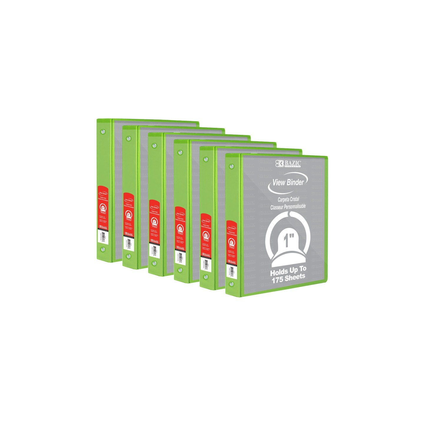 BAZIC Products® 3-Ring View Binder with 2 Pockets, 1", Lime Green, Pack of 6