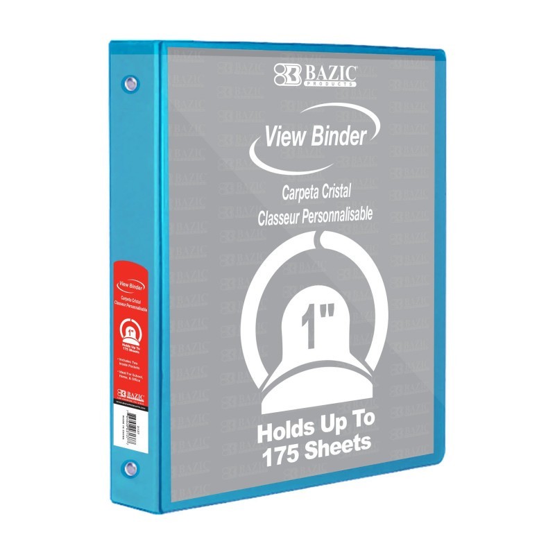 BAZIC Products® 3-Ring View Binder with 2 Pockets, 1", Cyan