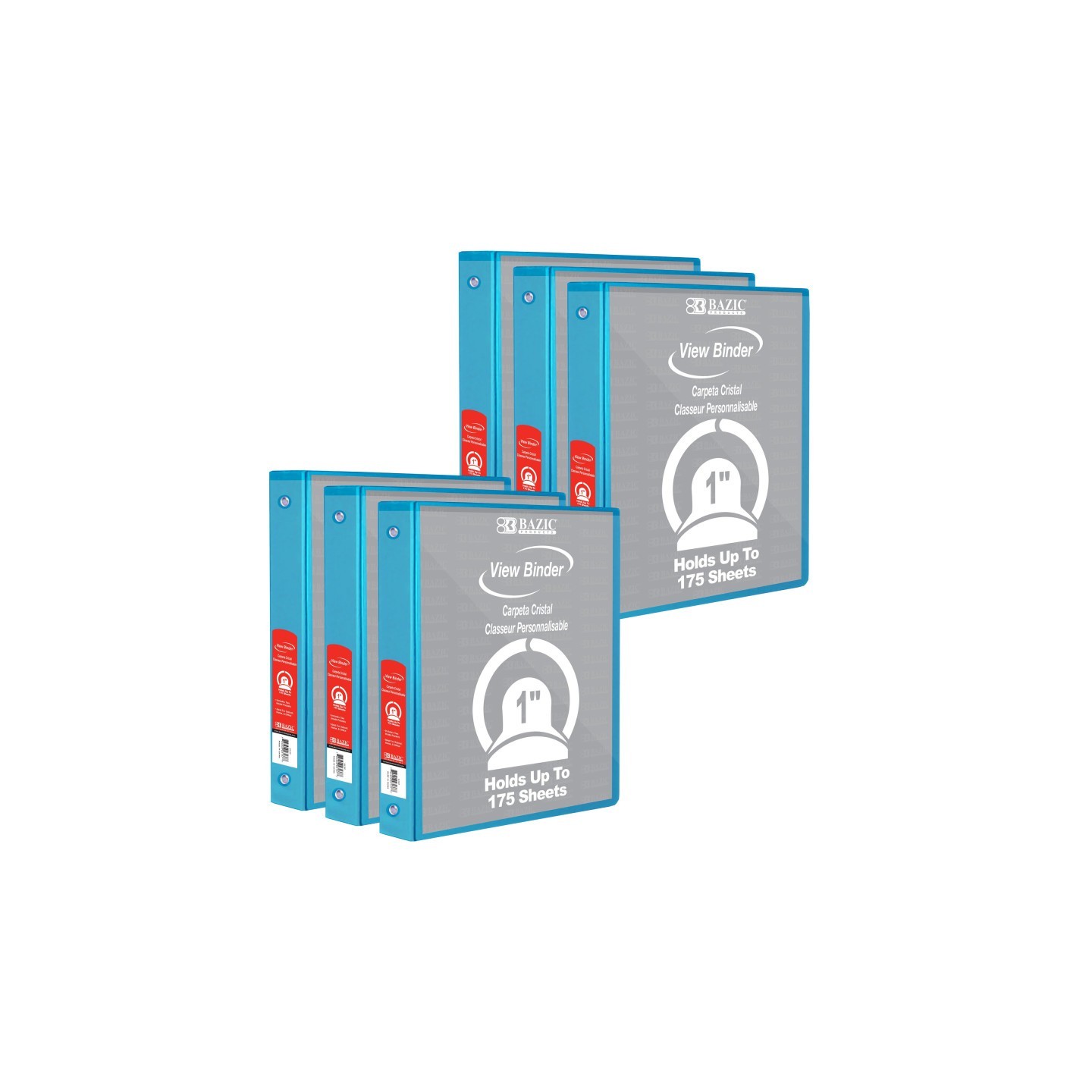 BAZIC Products® 3-Ring View Binder with 2 Pockets, 1", Cyan, Pack of 6