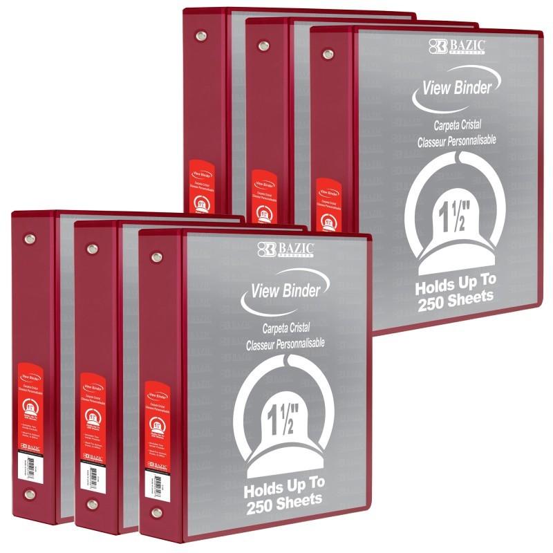 BAZIC Products® 3-Ring View Binder with 2 Pockets, 1.5", Burgundy, Pack of 6