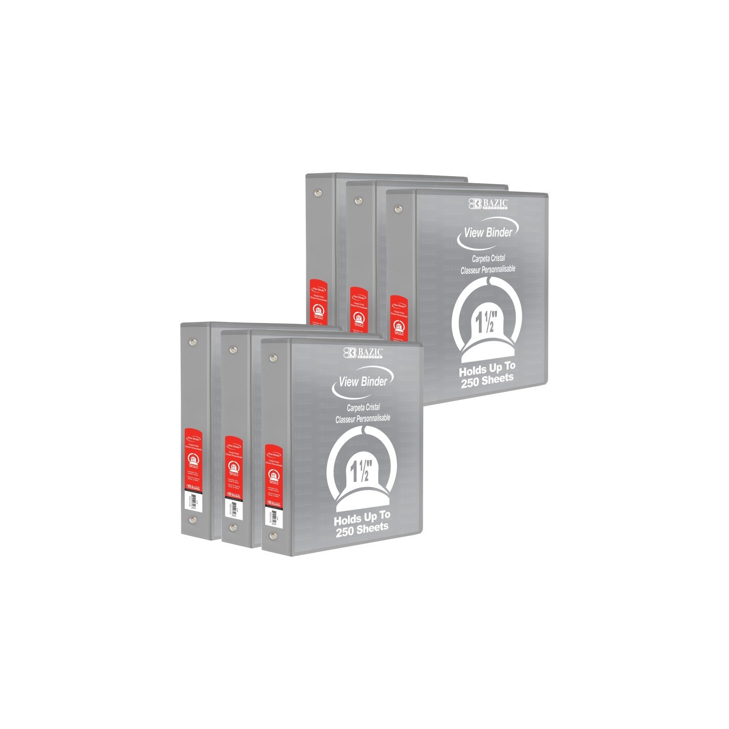 BAZIC Products® 3-Ring View Binder with 2 Pockets, 1.5", Gray, Pack of 6