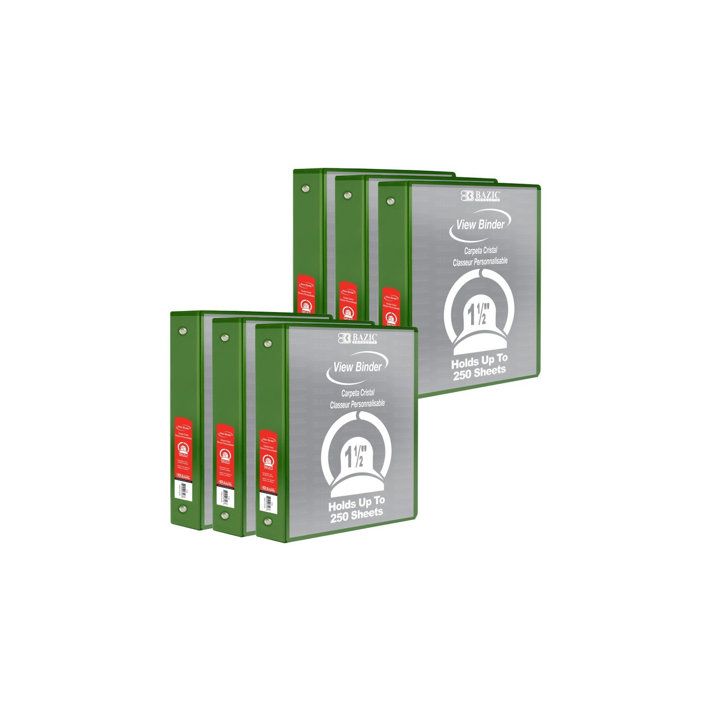 BAZIC Products® 3-Ring View Binder with 2 Pockets, 1.5", Green, Pack of 6