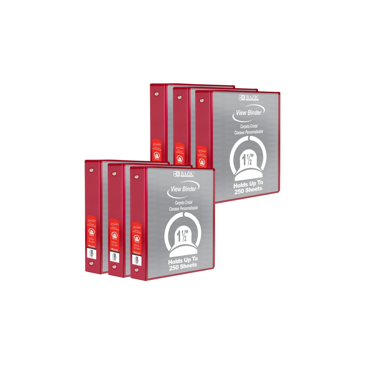 BAZIC Products® 3-Ring View Binder with 2 Pockets, 1.5", Red, Pack of 6