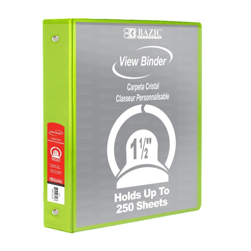 BAZIC Products® 3-Ring View Binder with 2 Pockets, 1.5", Lime Green