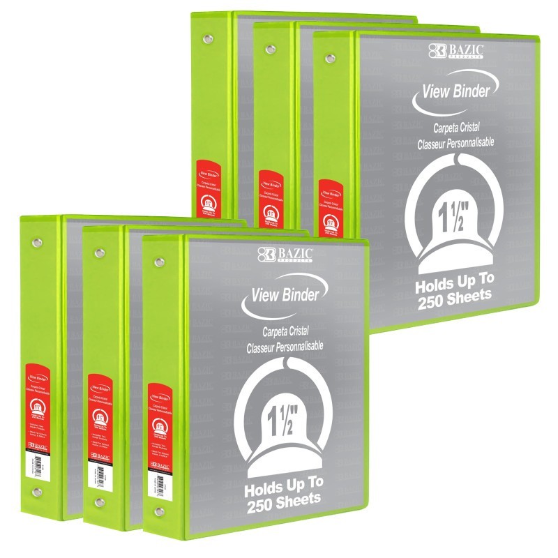 BAZIC Products® 3-Ring View Binder with 2 Pockets, 1.5", Lime Green, Pack of 6