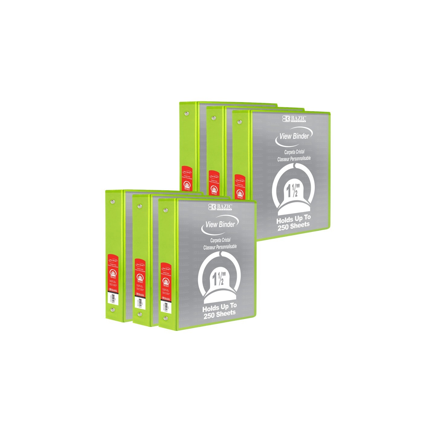BAZIC Products® 3-Ring View Binder with 2 Pockets, 1.5", Lime Green, Pack of 6