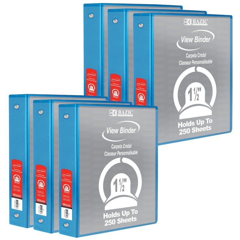 BAZIC Products® 3-Ring View Binder with 2 Pockets, 1.5", Cyan, Pack of 6