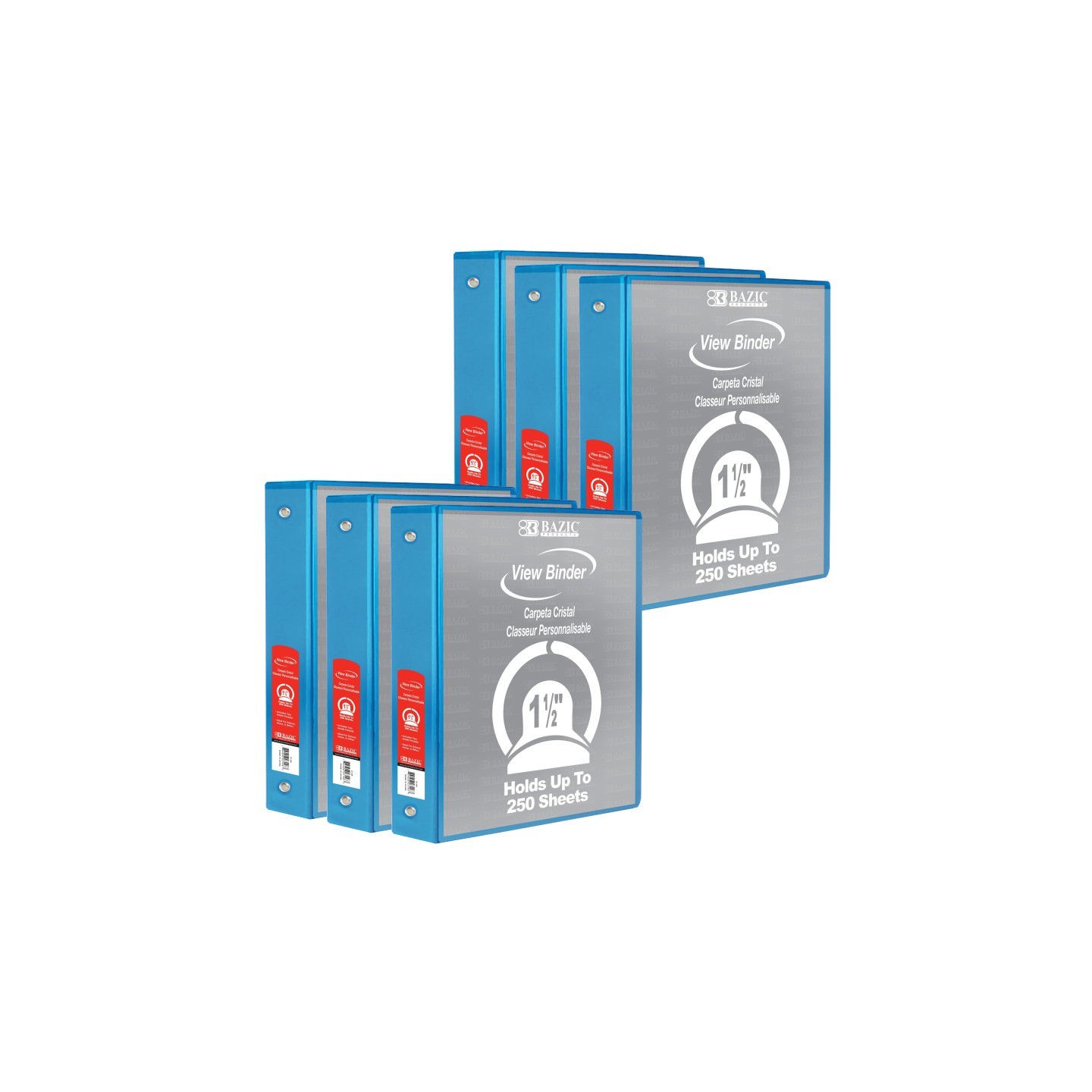BAZIC Products® 3-Ring View Binder with 2 Pockets, 1.5", Cyan, Pack of 6