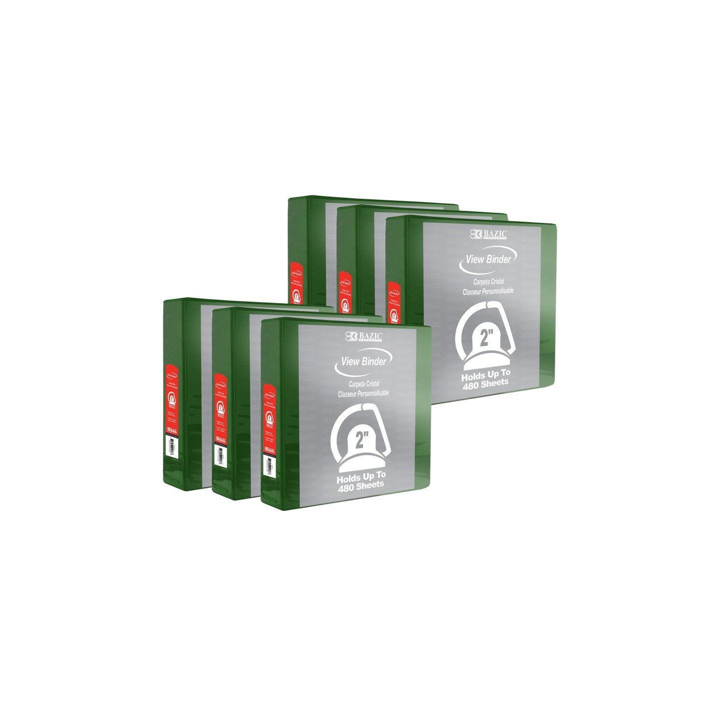 BAZIC Products® Slant D Ring View Binder with 2 Pockets, 2", Green, Pack of 6