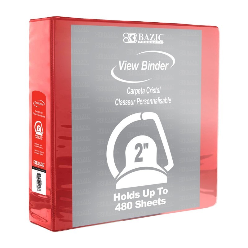BAZIC Products® Slant D Ring View Binder with 2 Pockets, 2", Red