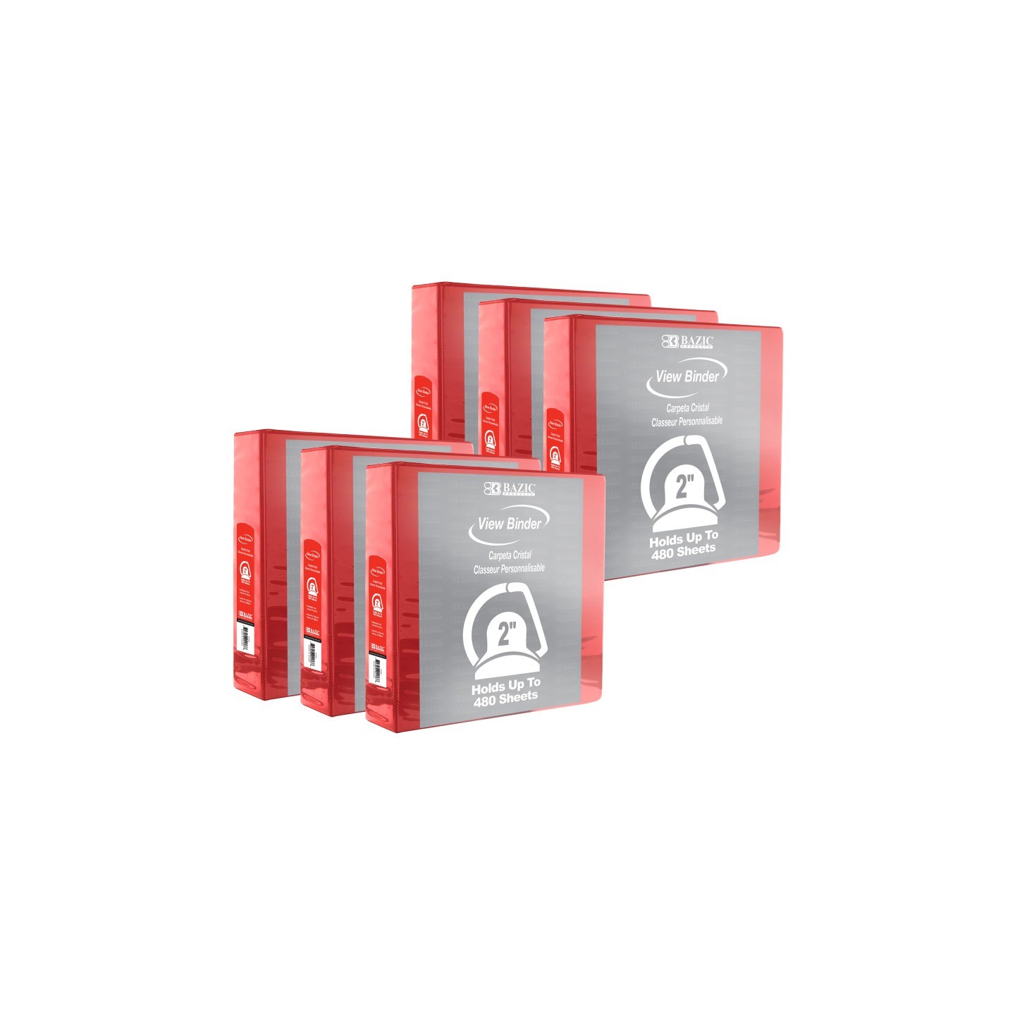BAZIC Products® Slant D Ring View Binder with 2 Pockets, 2", Red, Pack of 6