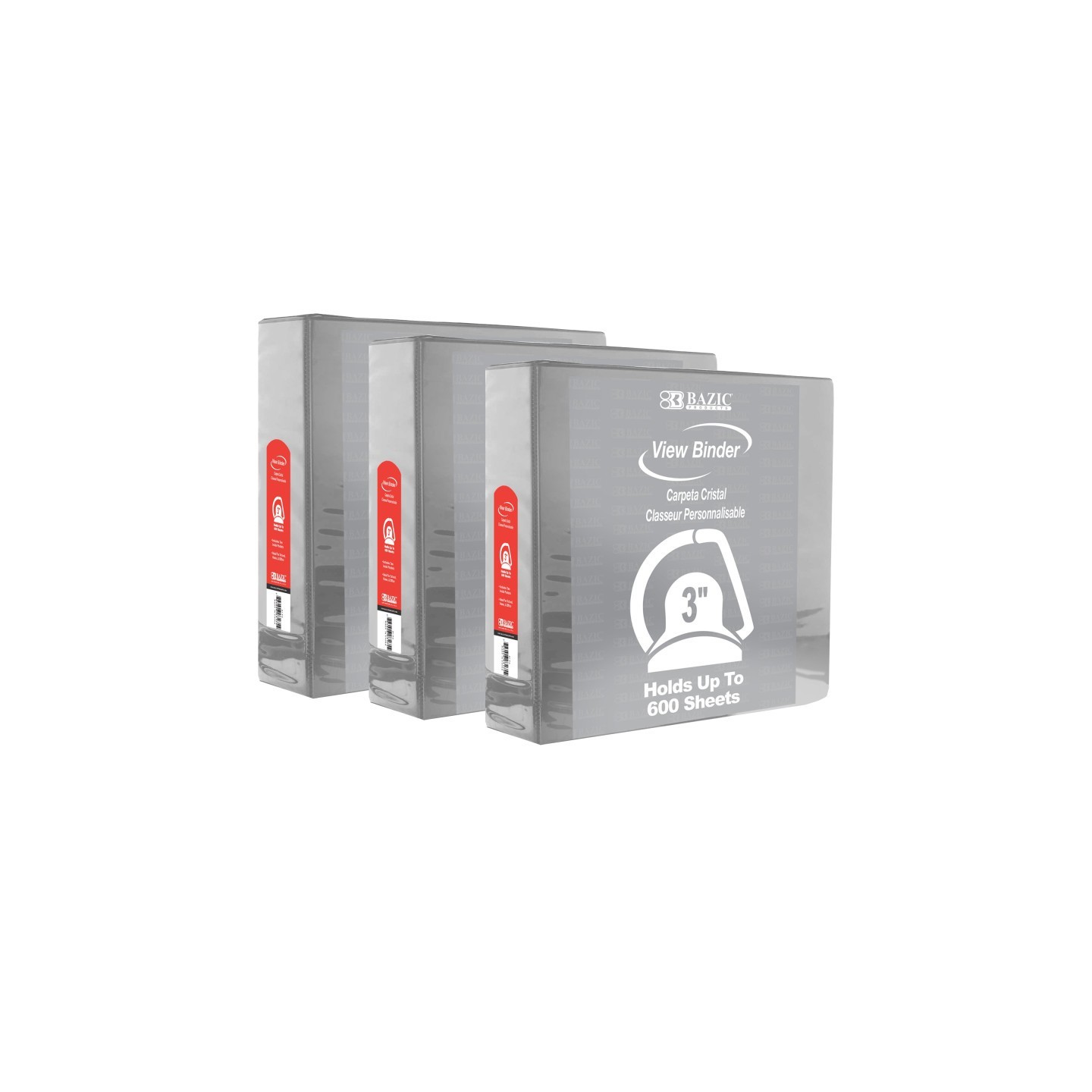 BAZIC Products® Slant D Ring View Binder with 2 Pockets, 3", Gray, Pack of 3