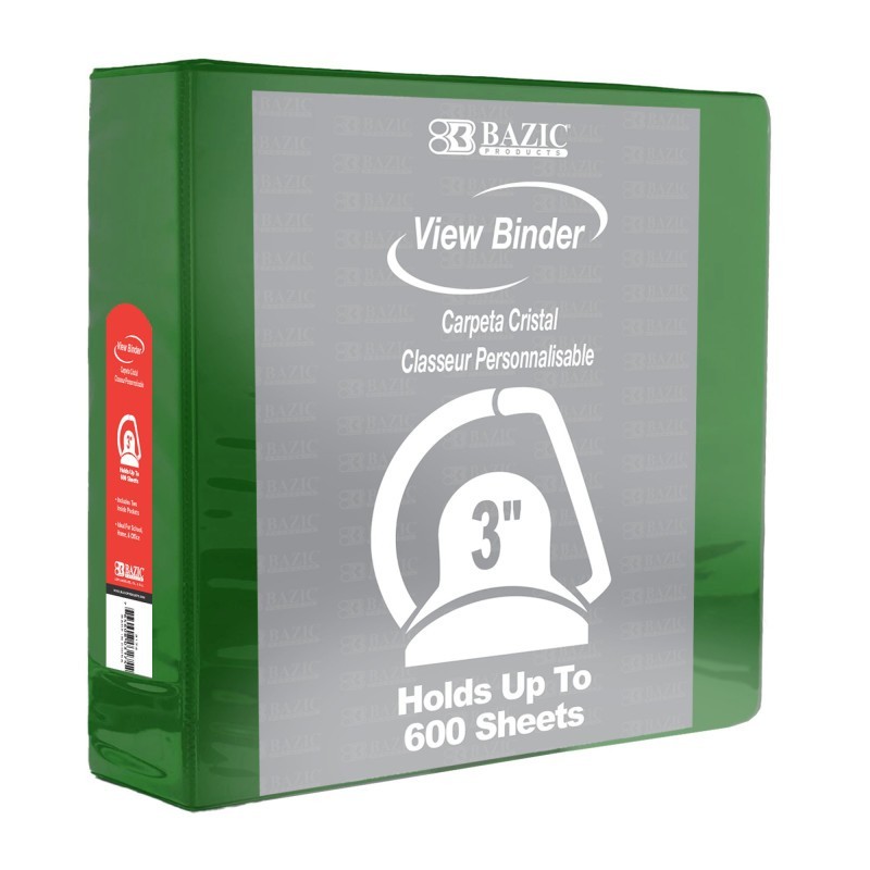BAZIC Products® Slant D Ring View Binder with 2 Pockets, 3", Green