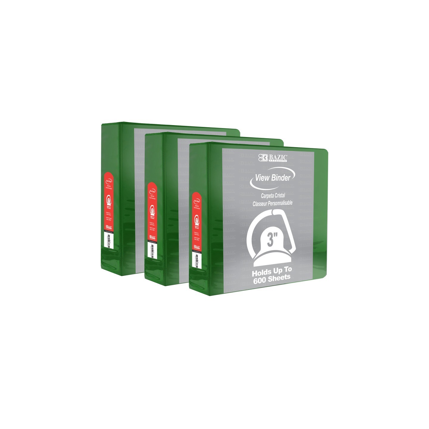BAZIC Products® Slant D Ring View Binder with 2 Pockets, 3", Green, Pack of 3