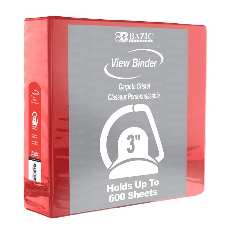 BAZIC Products® Slant D Ring View Binder with 2 Pockets, 3", Red