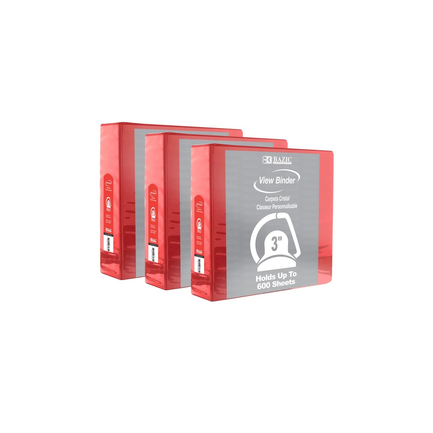 BAZIC Products® Slant D Ring View Binder with 2 Pockets, 3", Red, Pack of 3