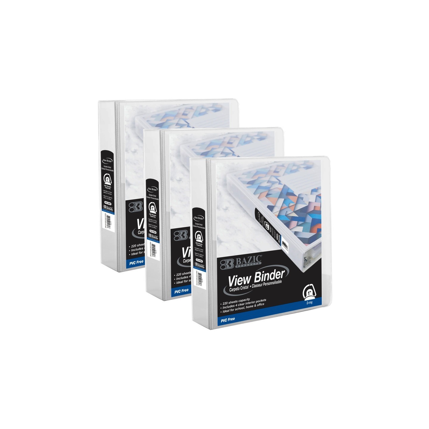 BAZIC Products® PVC-Free Slant-D Ring View Binder with 4-Pockets, 1", White, Pack of 3