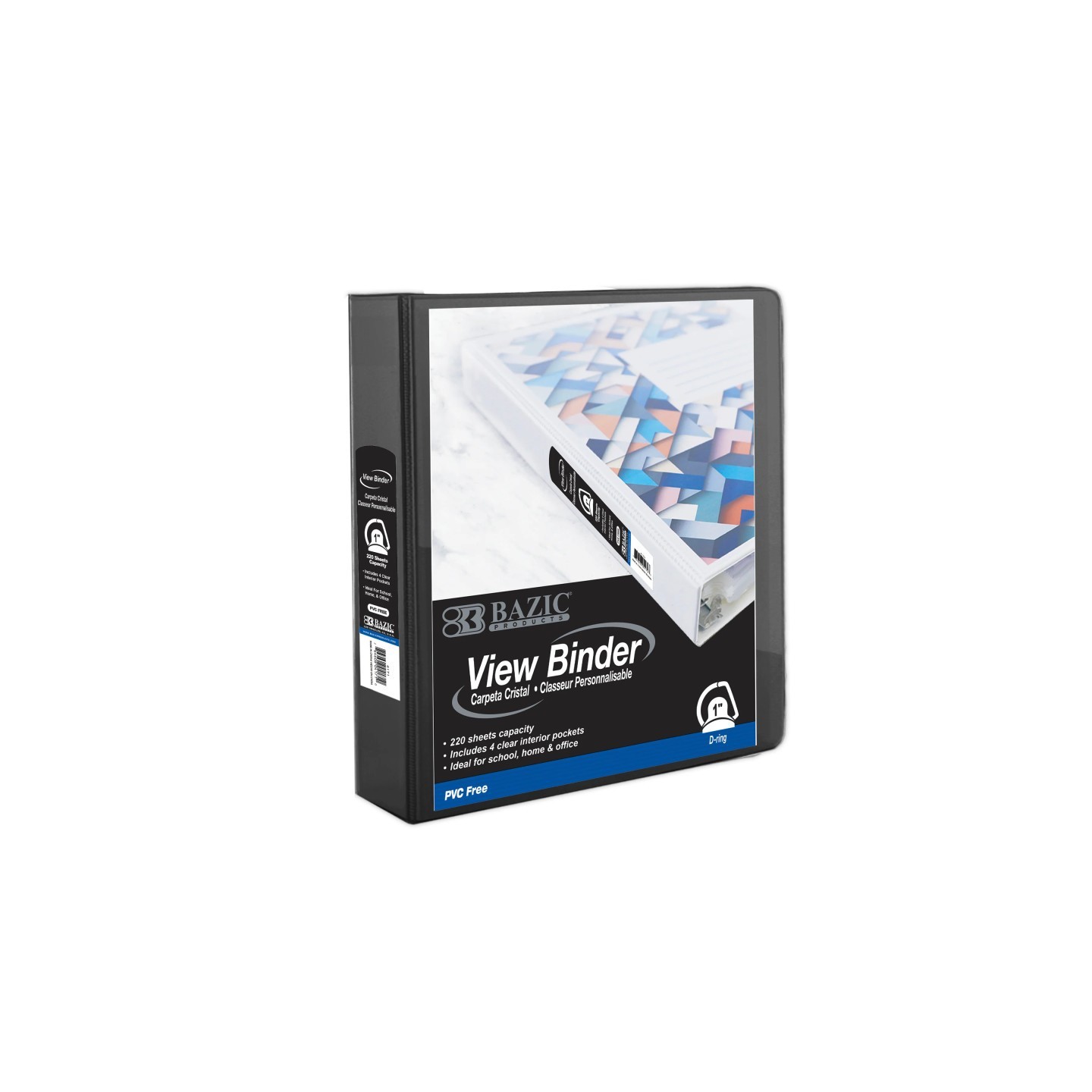 BAZIC Products® PVC-Free Slant-D Ring View Binder with 4-Pockets, 1", Black