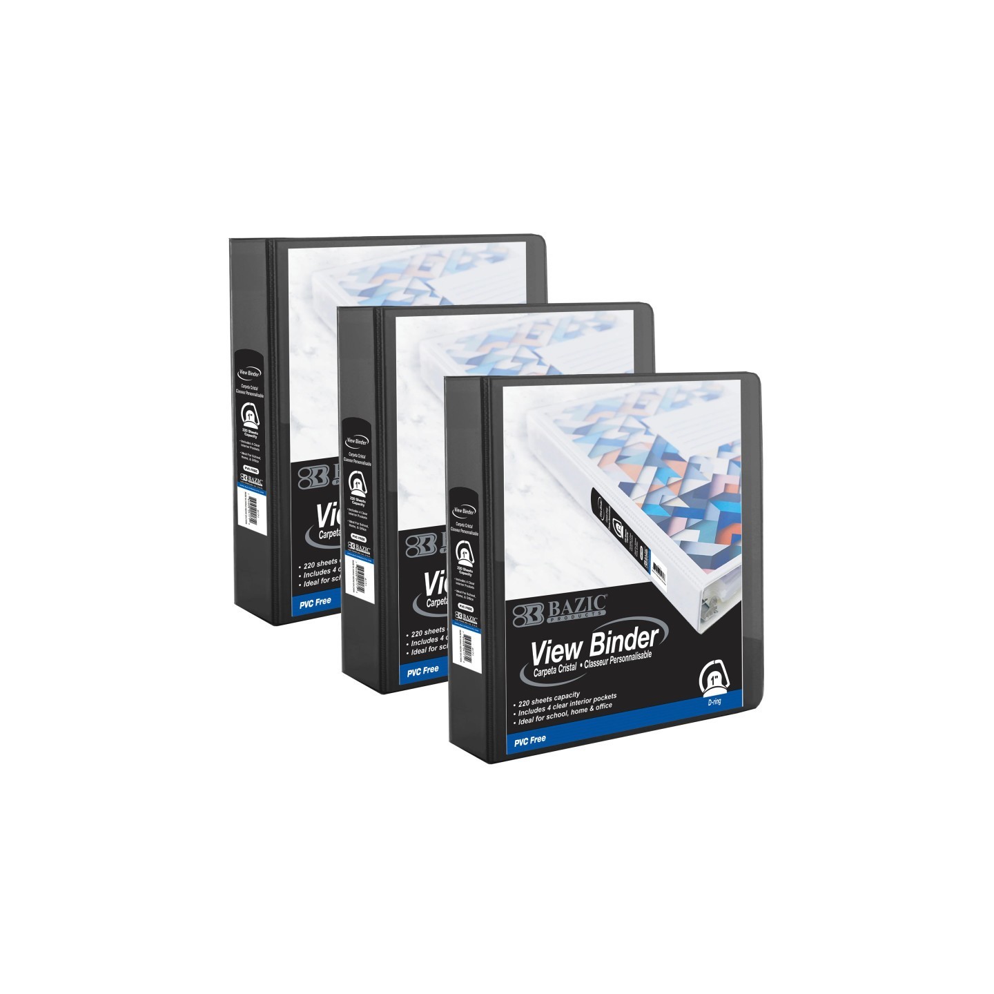 BAZIC Products® PVC-Free Slant-D Ring View Binder with 4-Pockets, 1", Black, Pack of 3