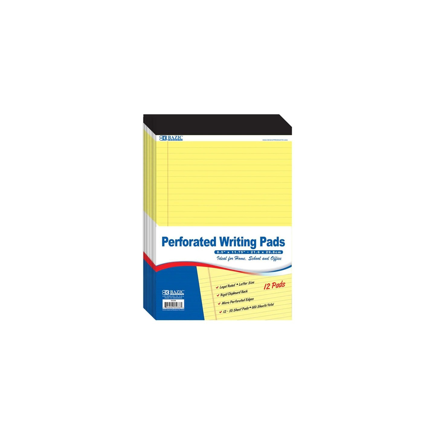 BAZIC Products® Perforated Writing Pads, 8.5" x 11.75", Canary, 50 Sheets, Pack of 12