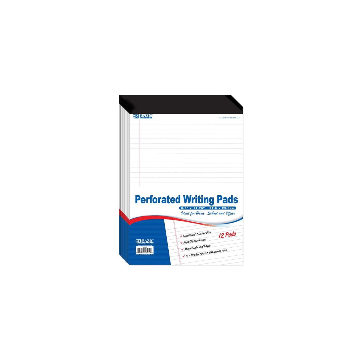 BAZIC Products® Perforated Writing Pads, 8.5" x 11.75", White, 50 Sheets, Pack of 12