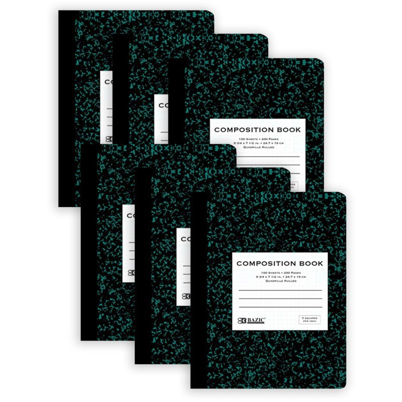 BAZIC Products® Premium Composition Book, 5-1" Quad-Ruled, Marble, 100 Sheets, Pack of 6