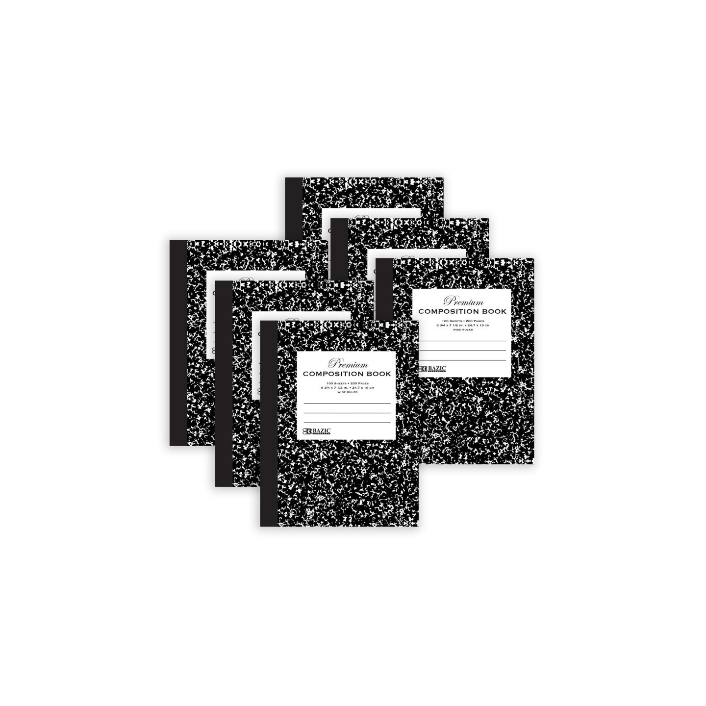 BAZIC Products® Premium Composition Book, Wide Ruled, Black Marble, 100 Sheets, Pack of 6