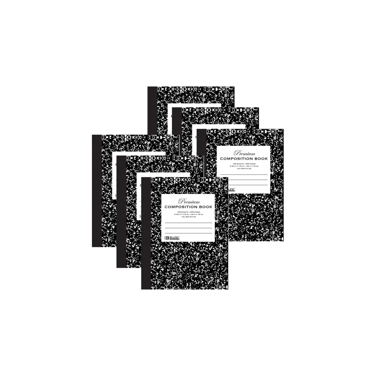 BAZIC Products® Premium Composition Book, College Ruled, Black Marble, 100 Sheets, Pack of 6