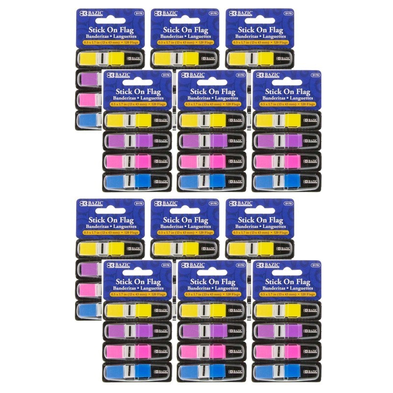 BAZIC Products® Neon Color Coding Flags with Dispenser, 120 Per Pack, 12 Packs