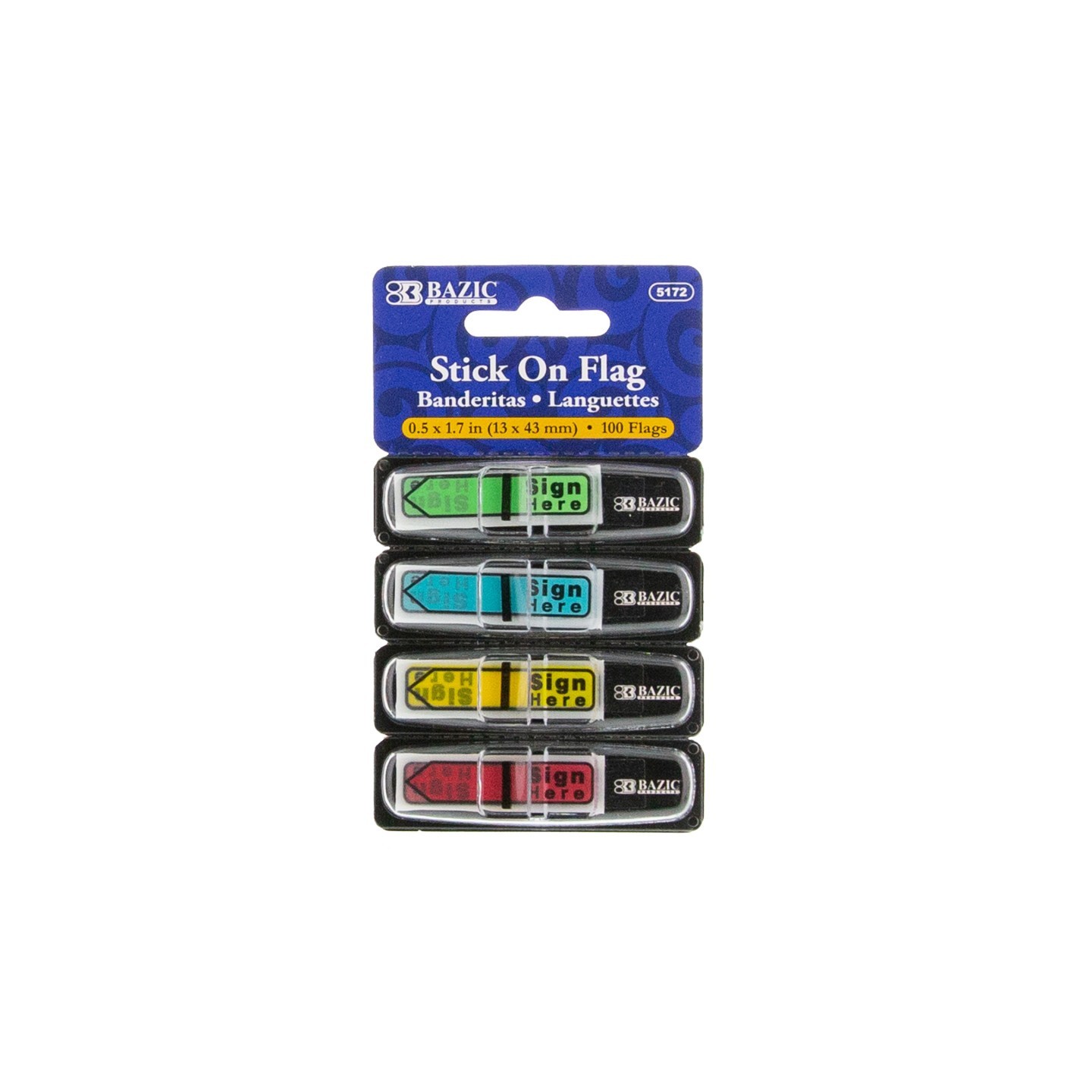 BAZIC Products® Neon Color Printed Sign Here Flags with Dispenser, 25 ct., 4/Pack