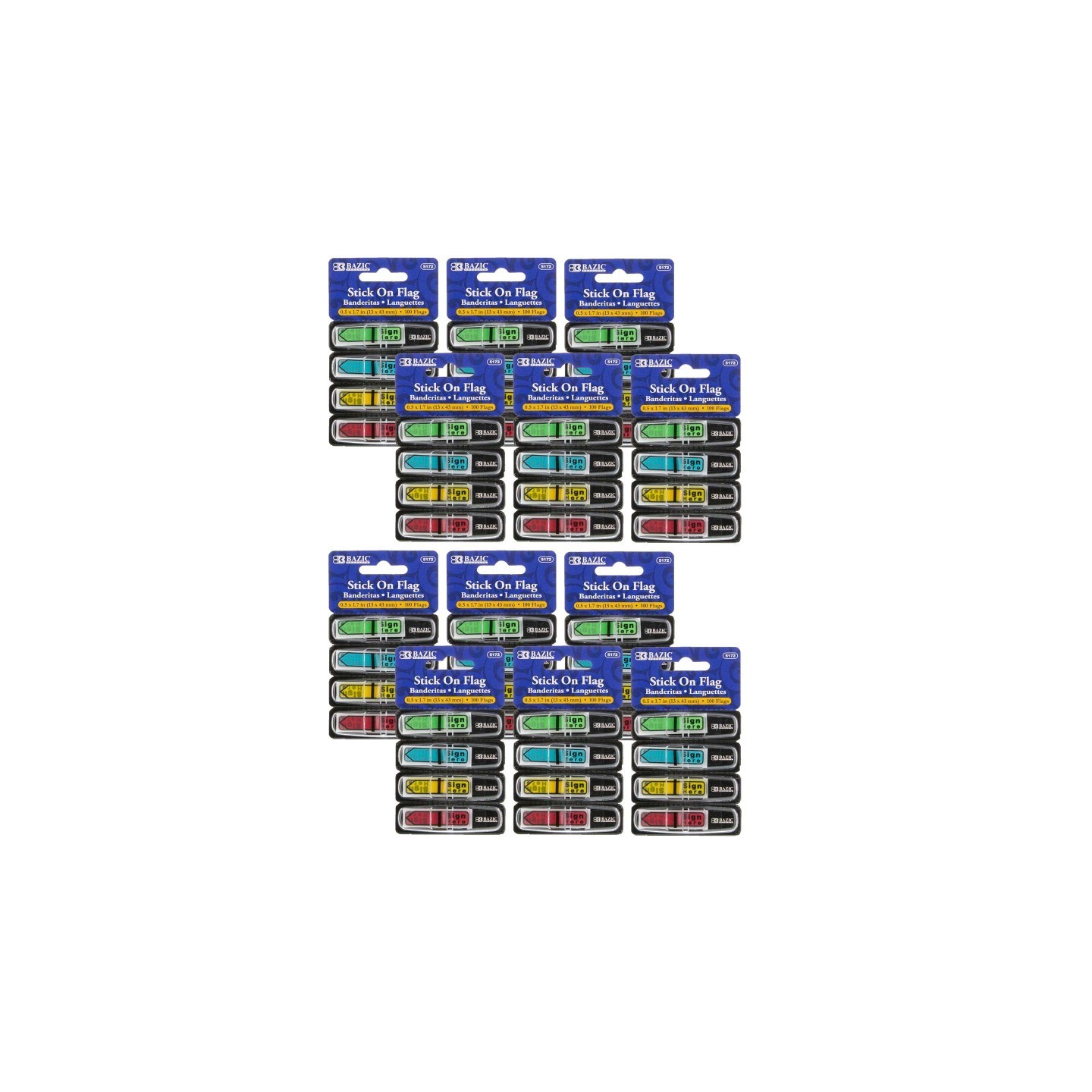 BAZIC Products® Neon Color Printed Sign Here Flags with Dispenser, 100 Per Pack, 12 Packs