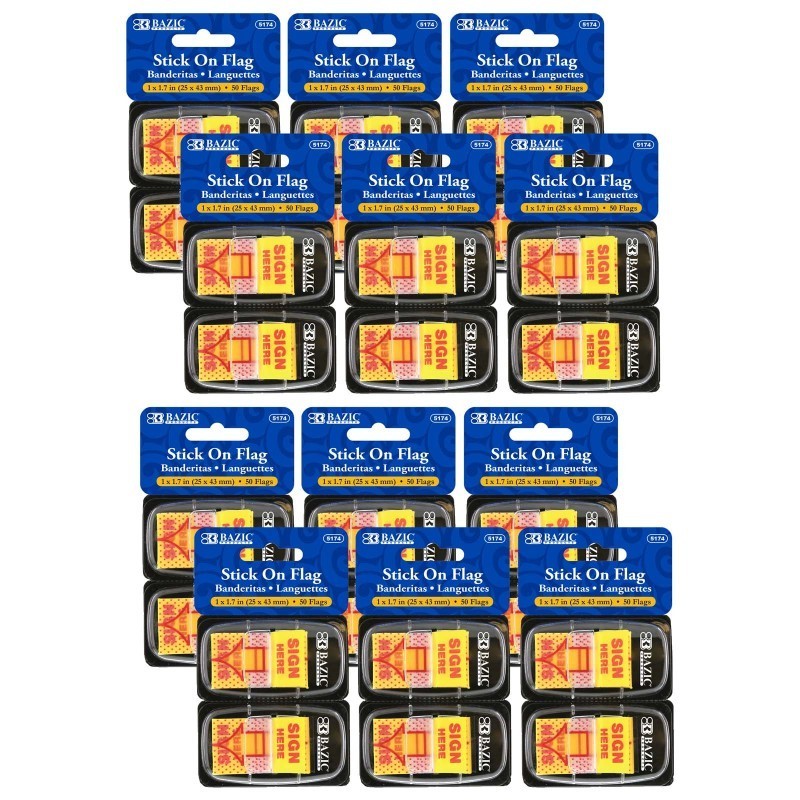 BAZIC Products® Yellow Color Printed Sign Here Flags with Dispenser, 50 Per Pack, 12 Packs