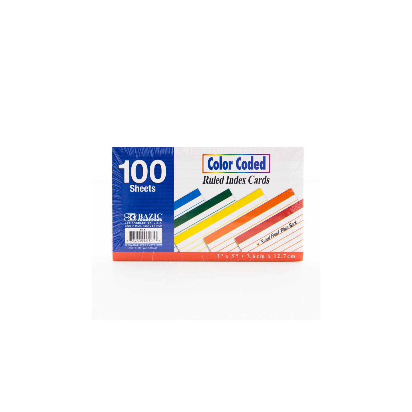 BAZIC Products® Ruled Color-Coded Index Cards, 3" x 5", 100 Ct