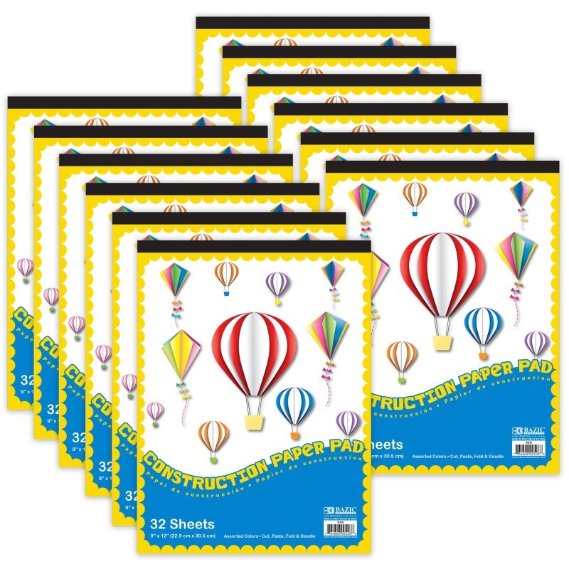 BAZIC Products® Construction Paper Pad, 9" x 12", 32 Sheets, Pack of 12