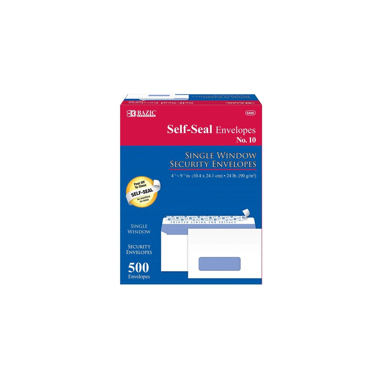 BAZIC Products® Self-Seal Security Single Window Envelopes, #10, Box of 500