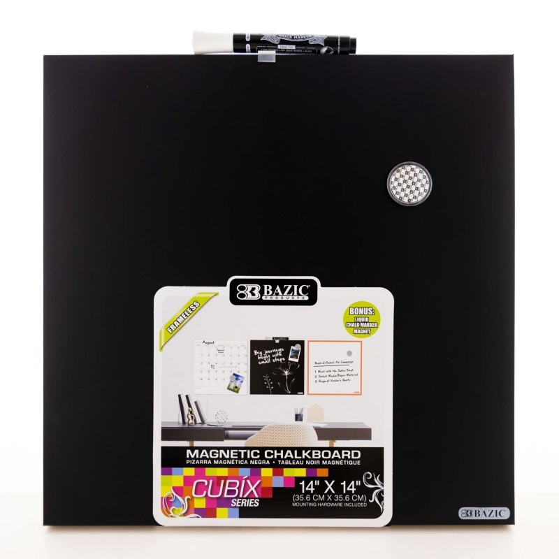 BAZIC Products® CUBIX Frameless Magnetic Chalkboard, 14" x 14", Chalk Marker & Magnet