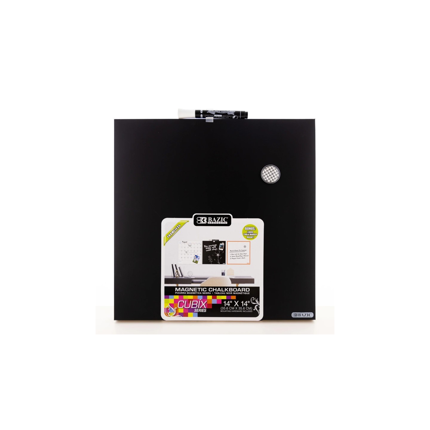 BAZIC Products® CUBIX Frameless Magnetic Chalkboard, 14" x 14", Chalk Marker & Magnet