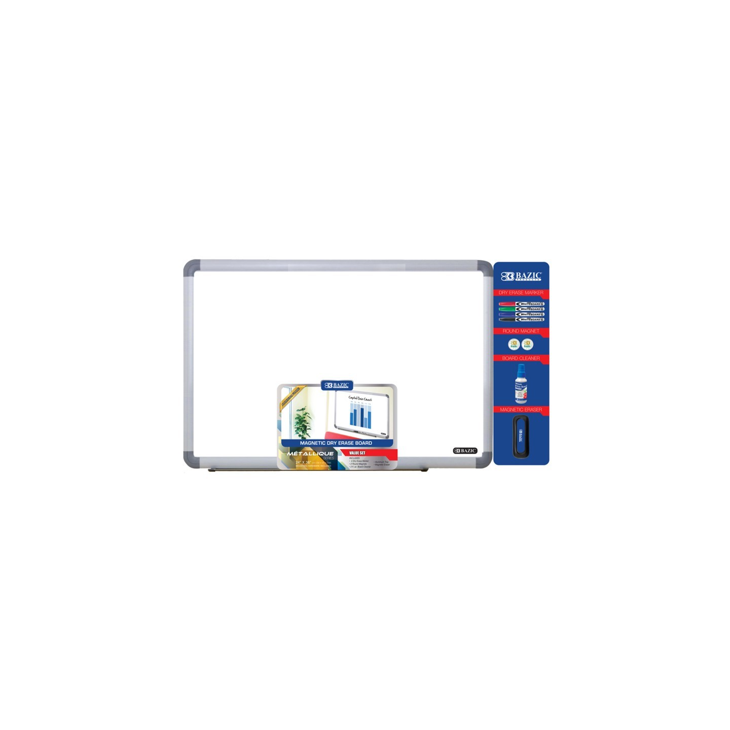 BAZIC Products® Aluminum Frame Magnetic Dry Erase Board Value Pack, 24" x 36"