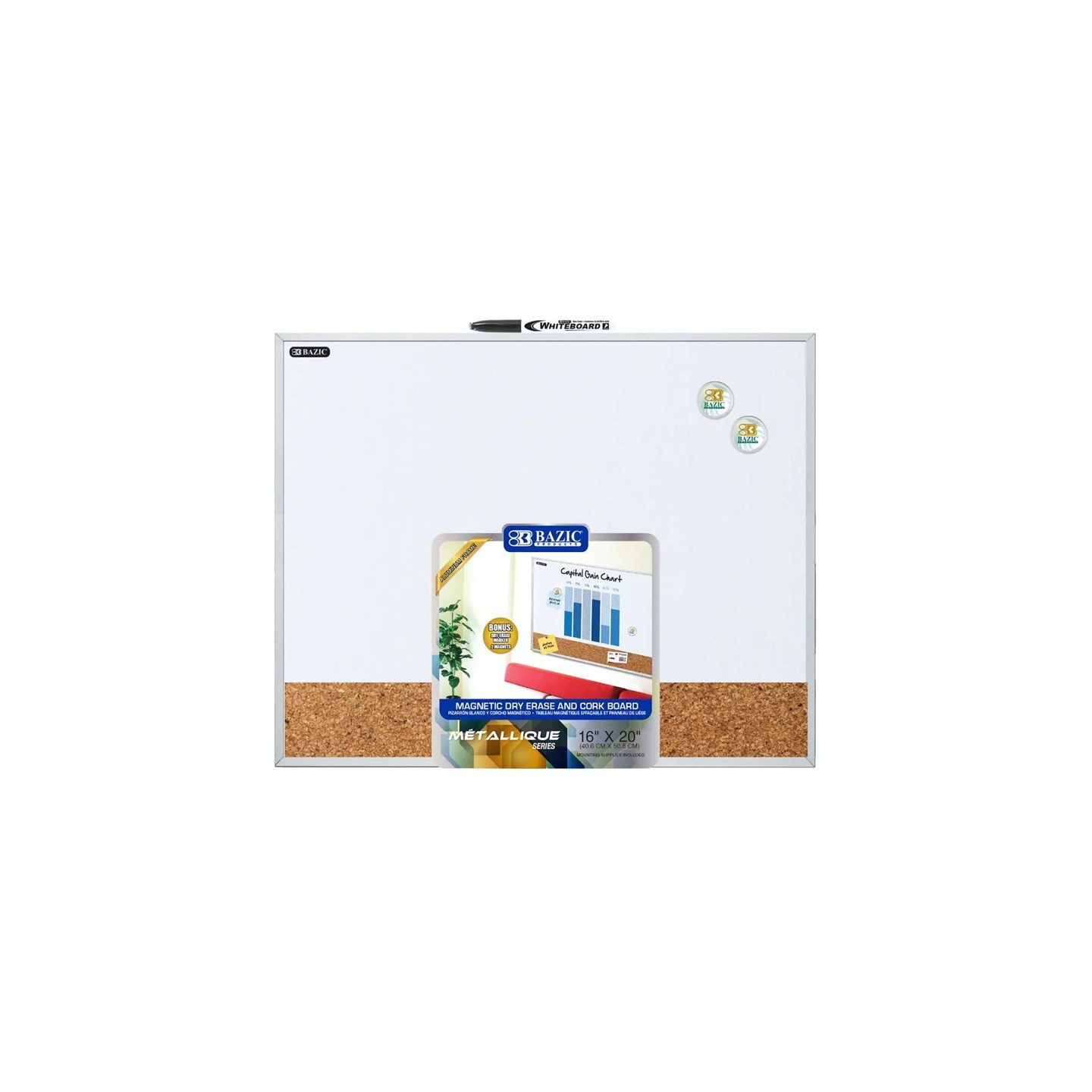 BAZIC Products® Aluminum Framed Magnetic Dry Erase/Cork Combo Board, 16" x 20"