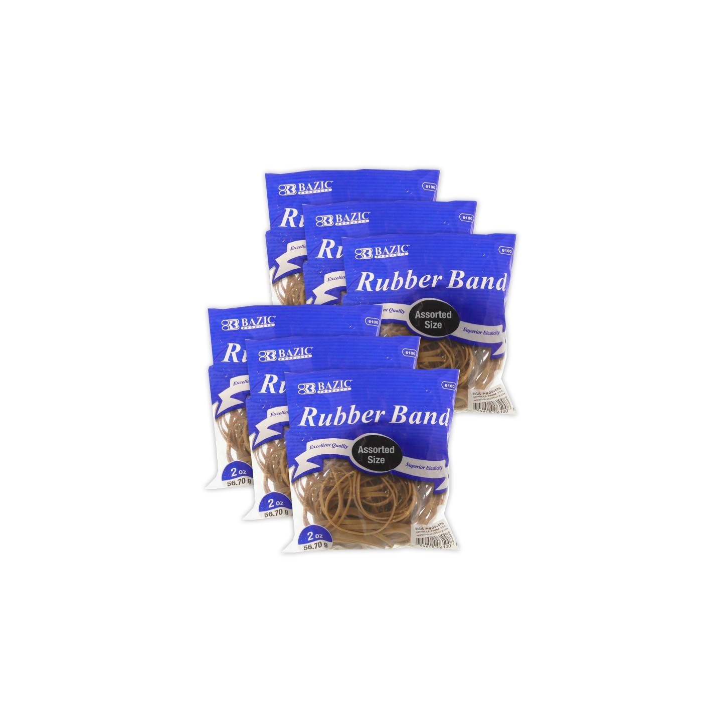 BAZIC Products® Rubber Bands, Assorted Sizes, 2oz./56.70g Per Pack, 6 Packs