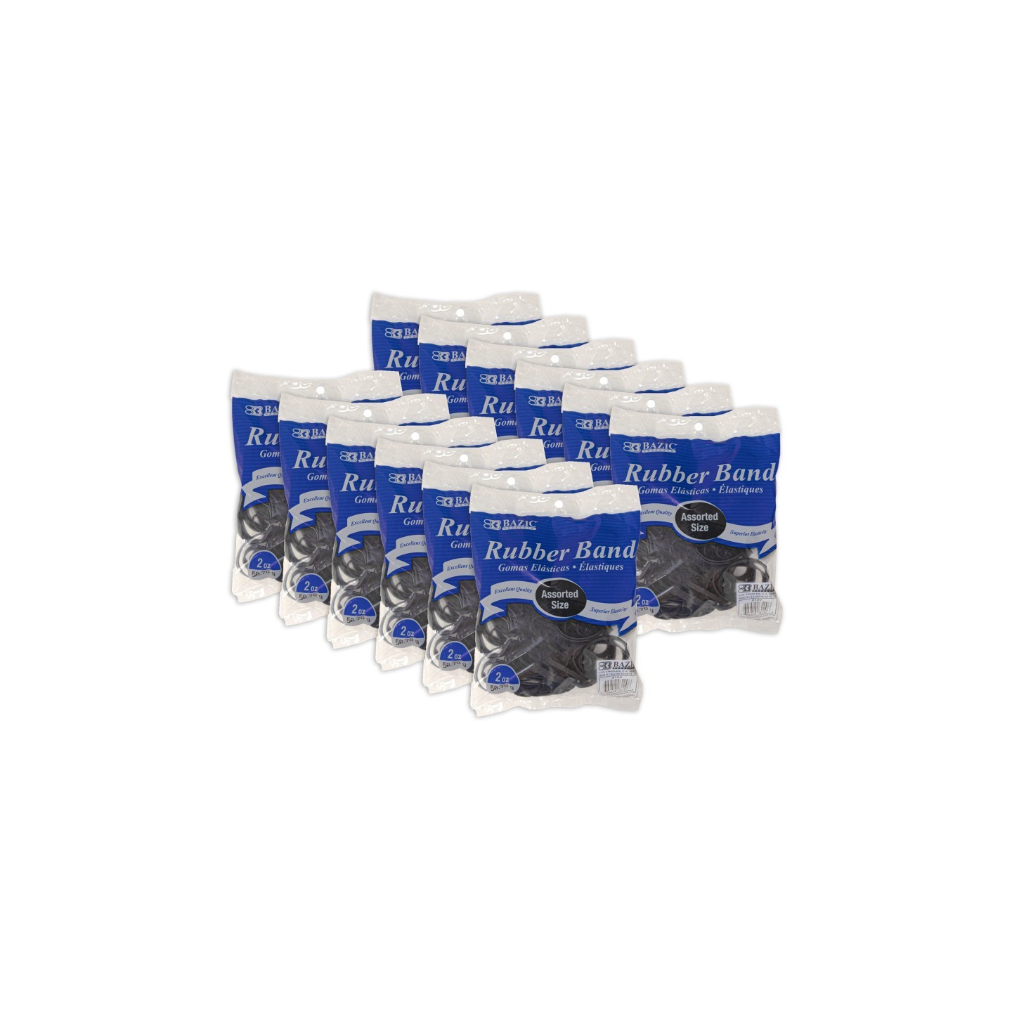 BAZIC Products® Rubber Bands, Assorted Sizes, Black, 2 oz./56.70 g Per Pack, 12 Packs