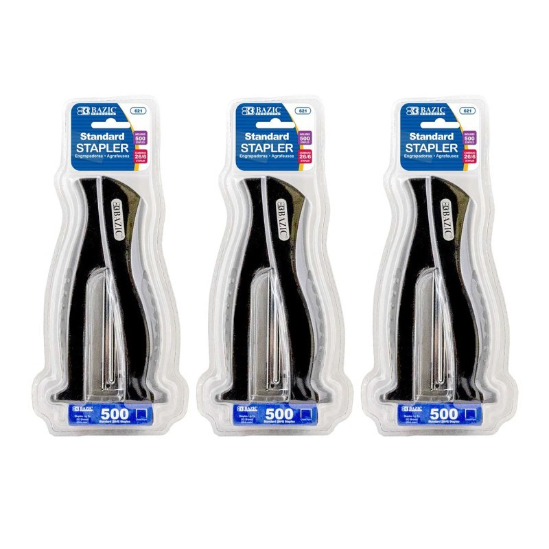 BAZIC Products® Stand-Up Standard (26/6) Full Strip Stapler with 500 Staples, Pack of 3