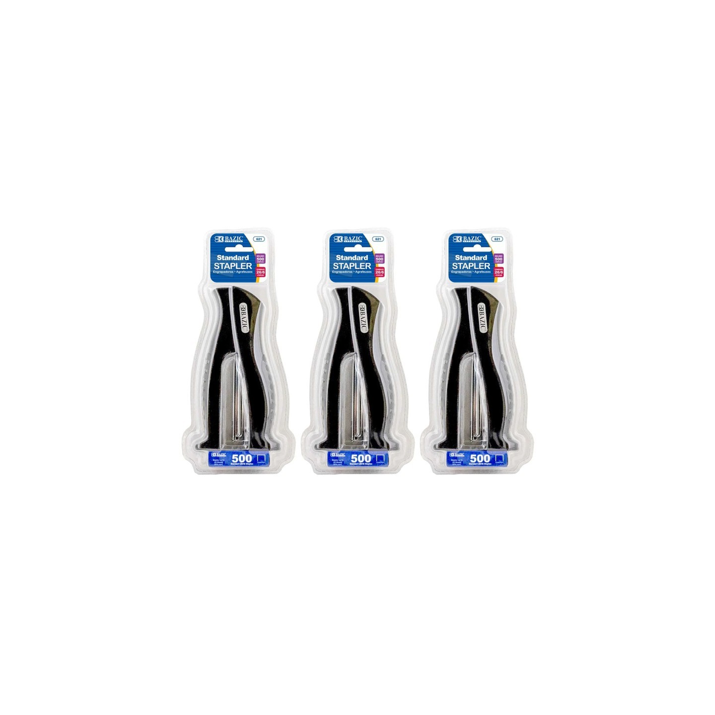 BAZIC Products® Stand-Up Standard (26/6) Full Strip Stapler with 500 Staples, Pack of 3