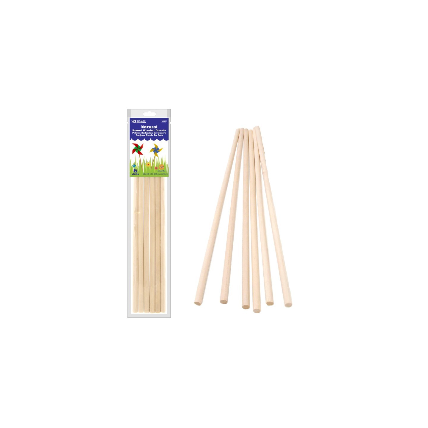 BAZIC Products® Round Natural Wooden Dowel, 3/8" x 12", Pack of 6
