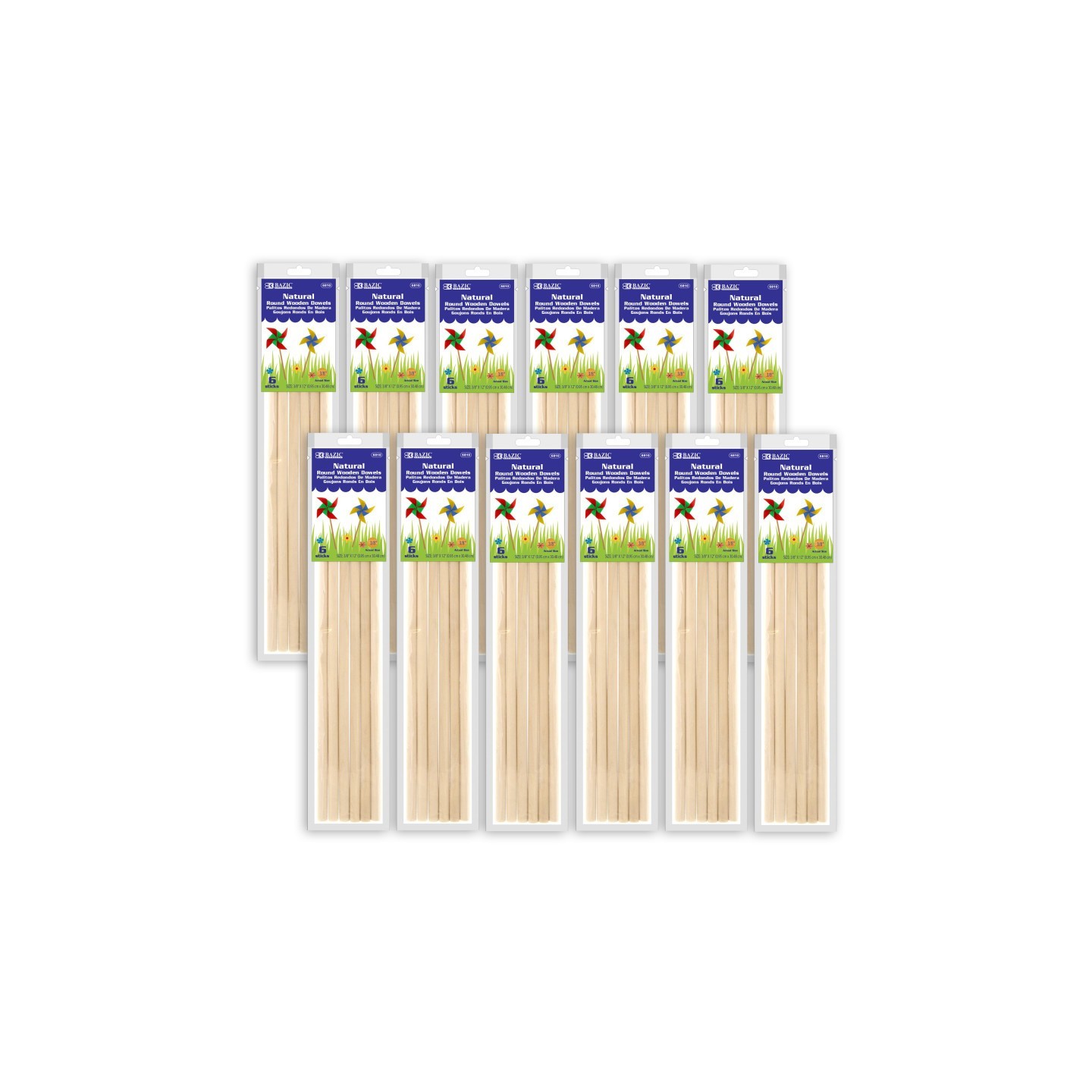 BAZIC Products® Round Natural Wooden Dowel, 3/8" x 12", 6 Per Pack, 12 Packs